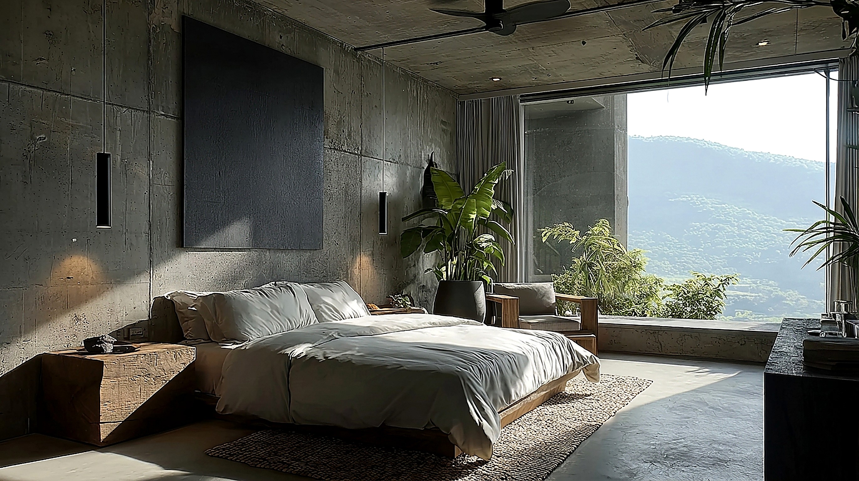 Compañeros, board-formed concrete bedchamber with low platform bed, timber block plinths and window framing the coffee mountains