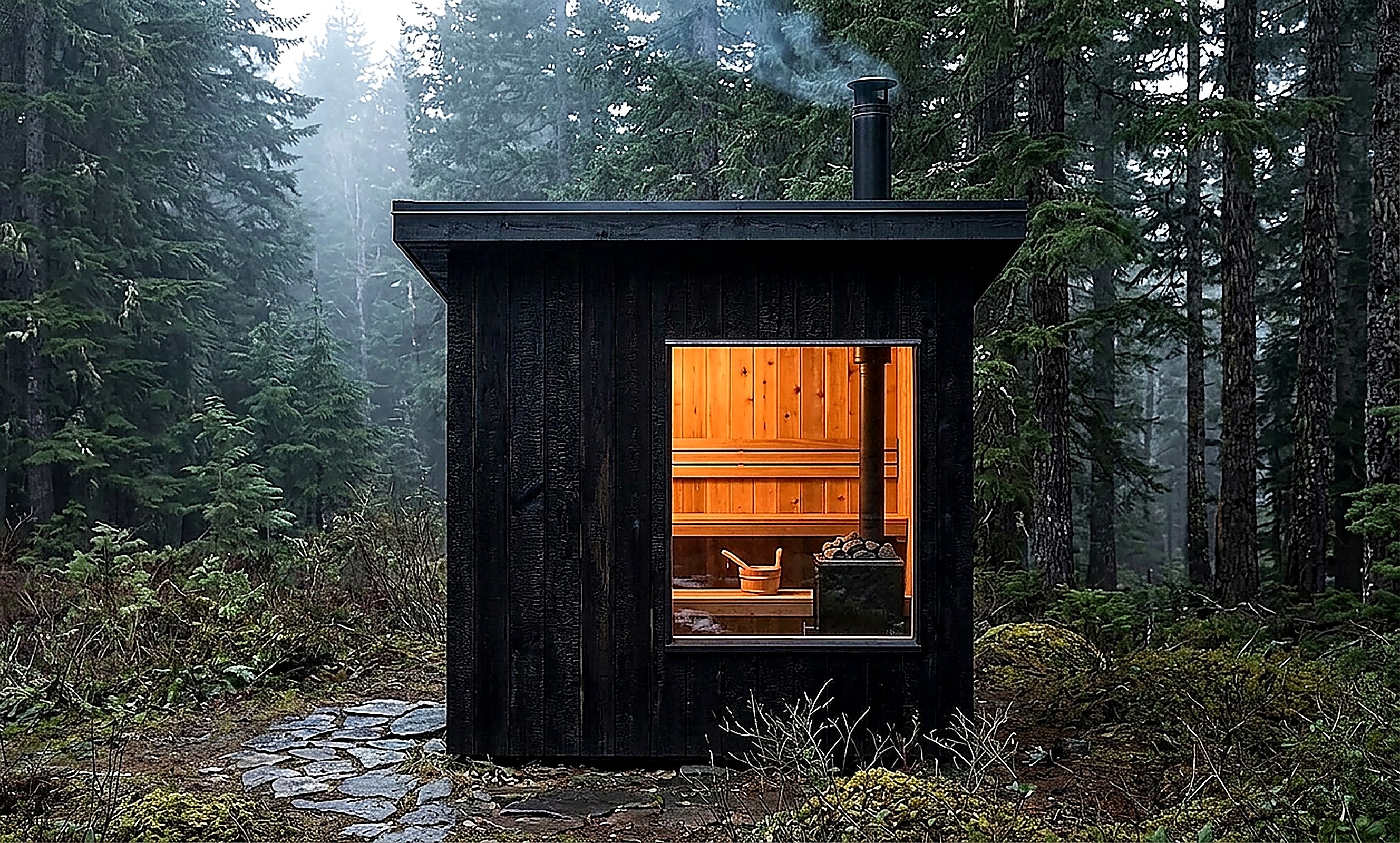 Tungsten Lodge, outdoor sauna clad in shou-sugi-ban charred timber, blackened steel chimney and warm amber window glow, sited in an alpine clearing at Government Camp with Mt. Hood in the distance